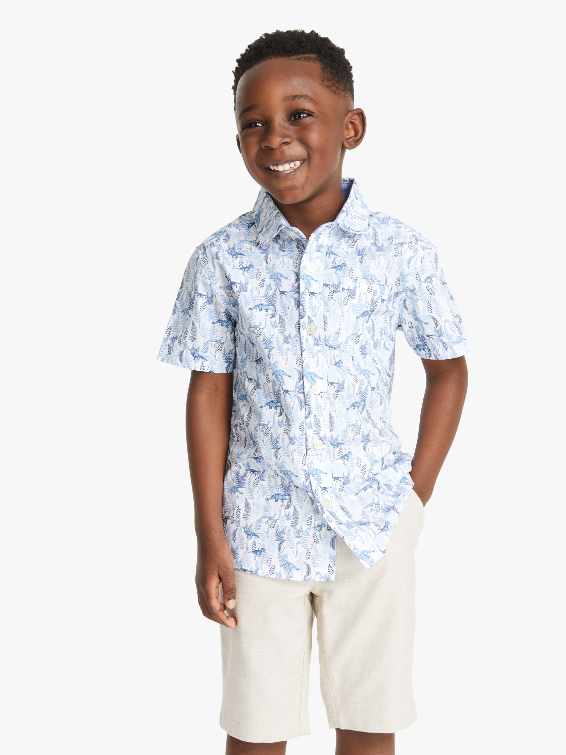 Image of John Lewis and Partners Heirloom Collection Boys Dinosaur Cotton Shirt Blue