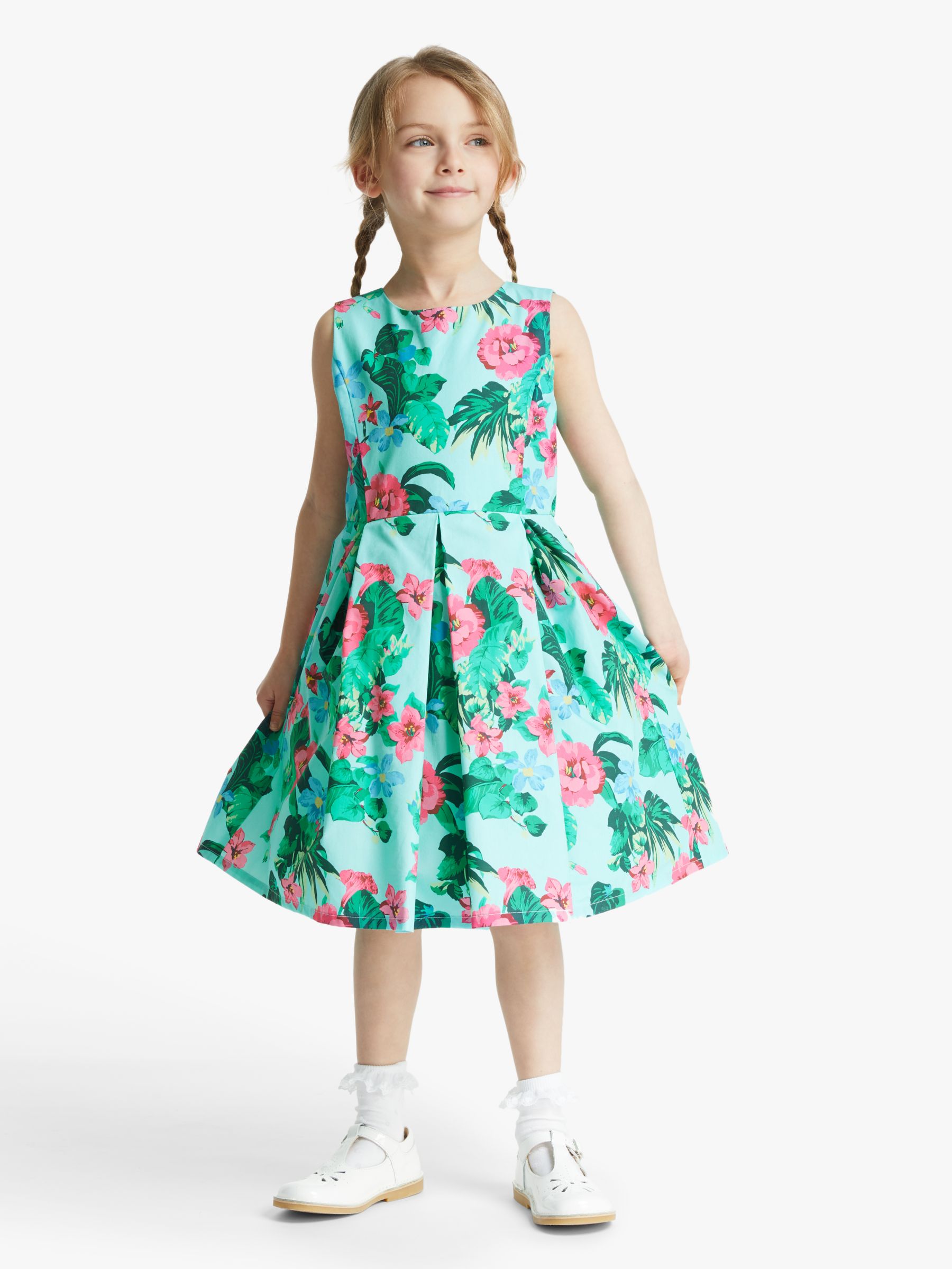 Image of John Lewis and Partners Girls Signature Bold Floral Dress Turquoise