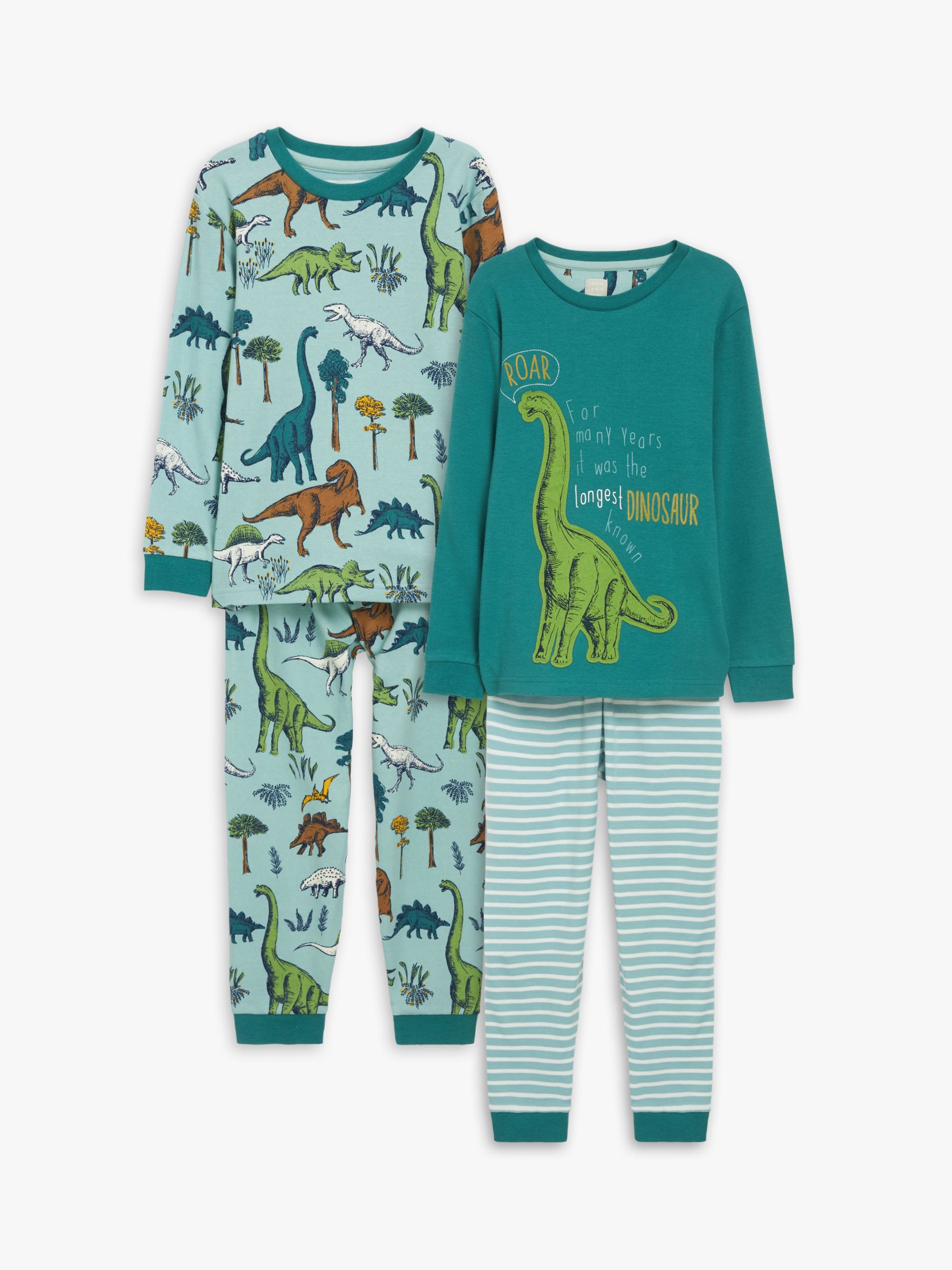 Image of John Lewis and Partners Boys Dinosaur Print Pyjamas Pack of 2 Green