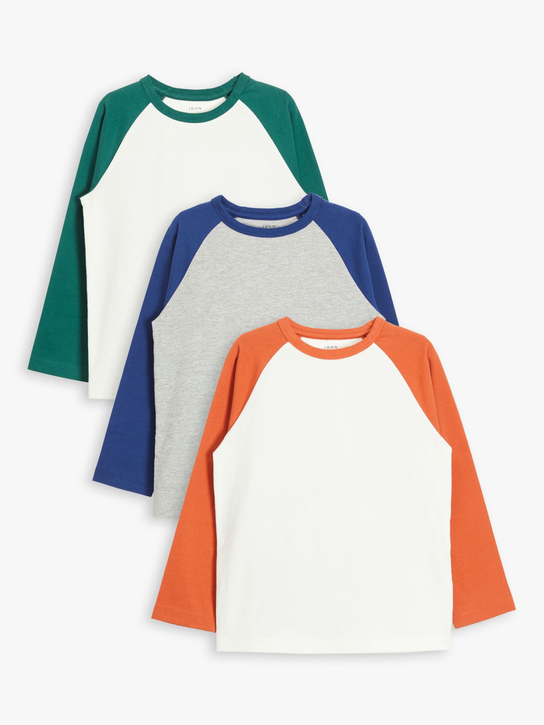 Image of John Lewis and Partners Boys Raglan Sleeve Cotton Tops Pack of 3 Multi