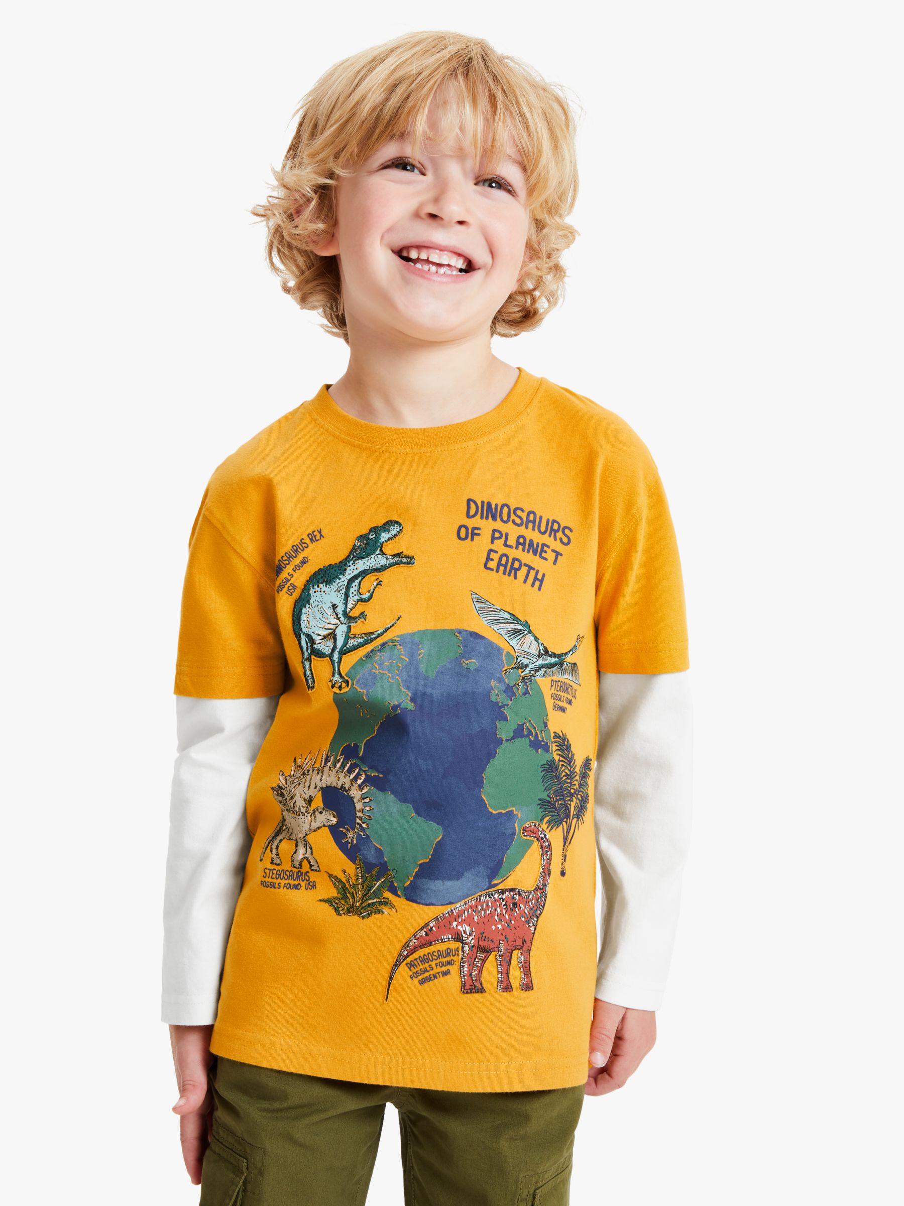Image of John Lewis and Partners Boys Dinosaur Globe TShirt Yellow