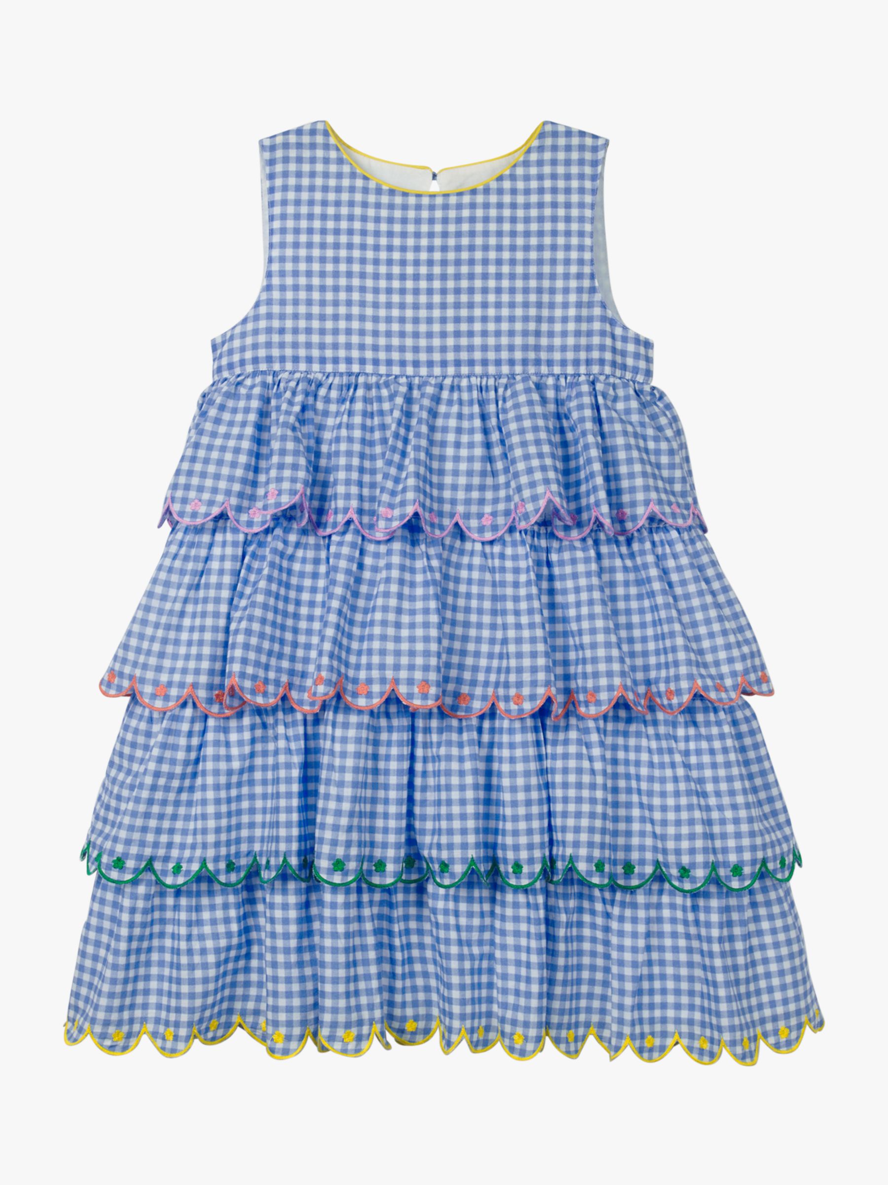 Image of Mini Boden Girls Gingham Tiered Embroidered Dress Blue