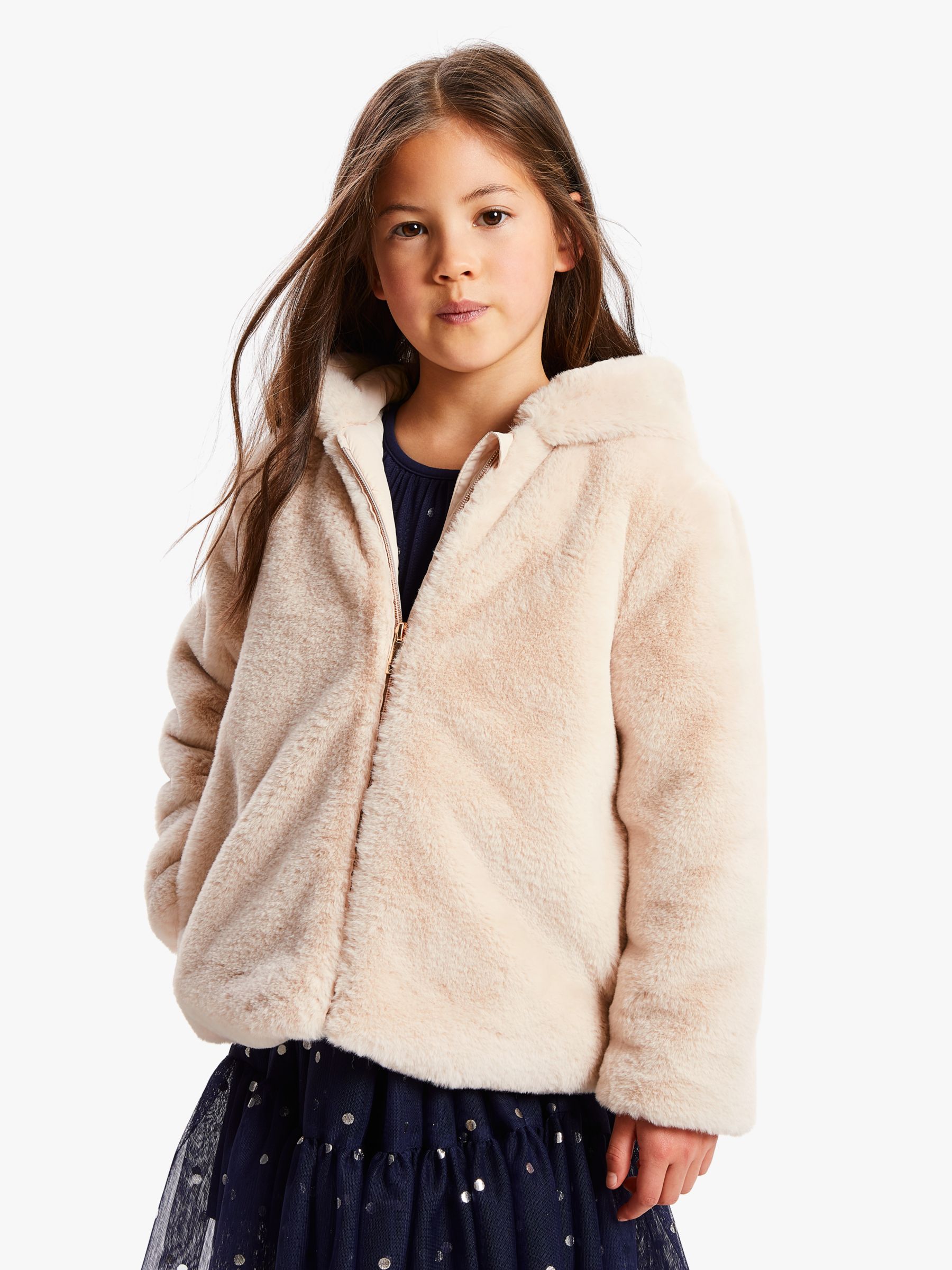 Image of John Lewis and Partners Girls Faux Fur Hooded Jacket Pink