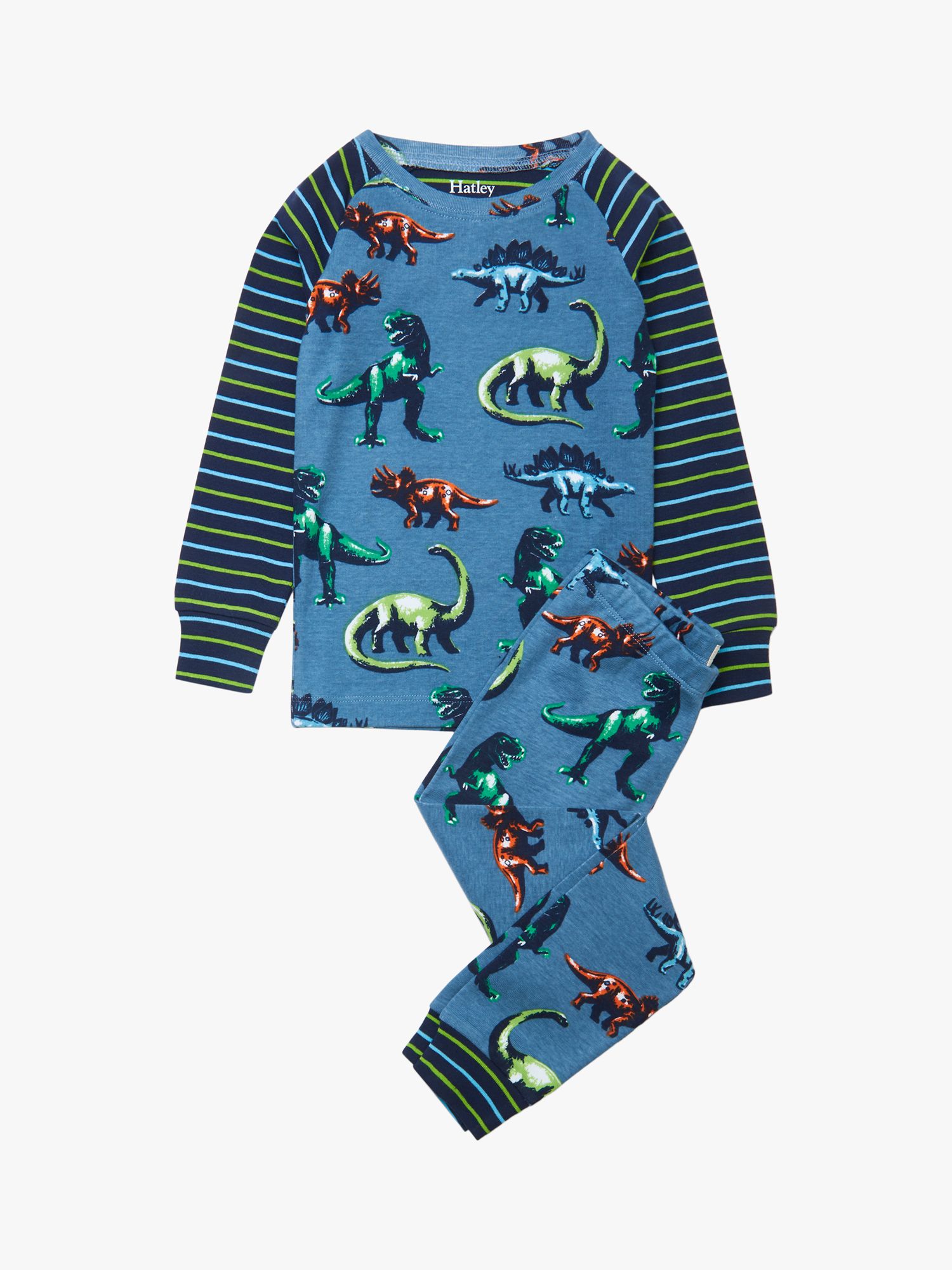 Image of Hatley Boys All Over Dinosaur Stripe Print Pyjama Set Blue