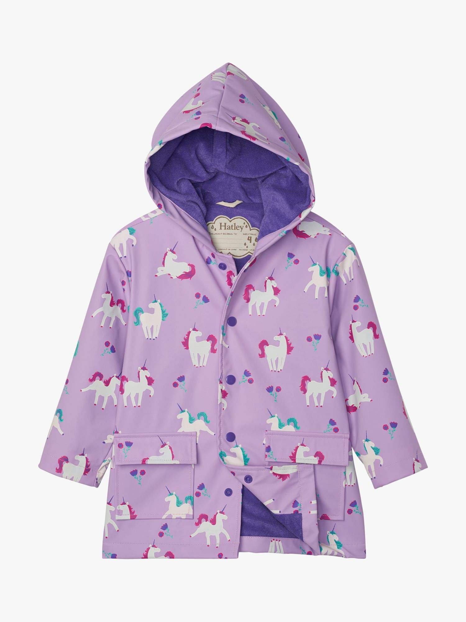 Image of Hatley Girls Colour Changing Unicorn Waterproof Raincoat Purple
