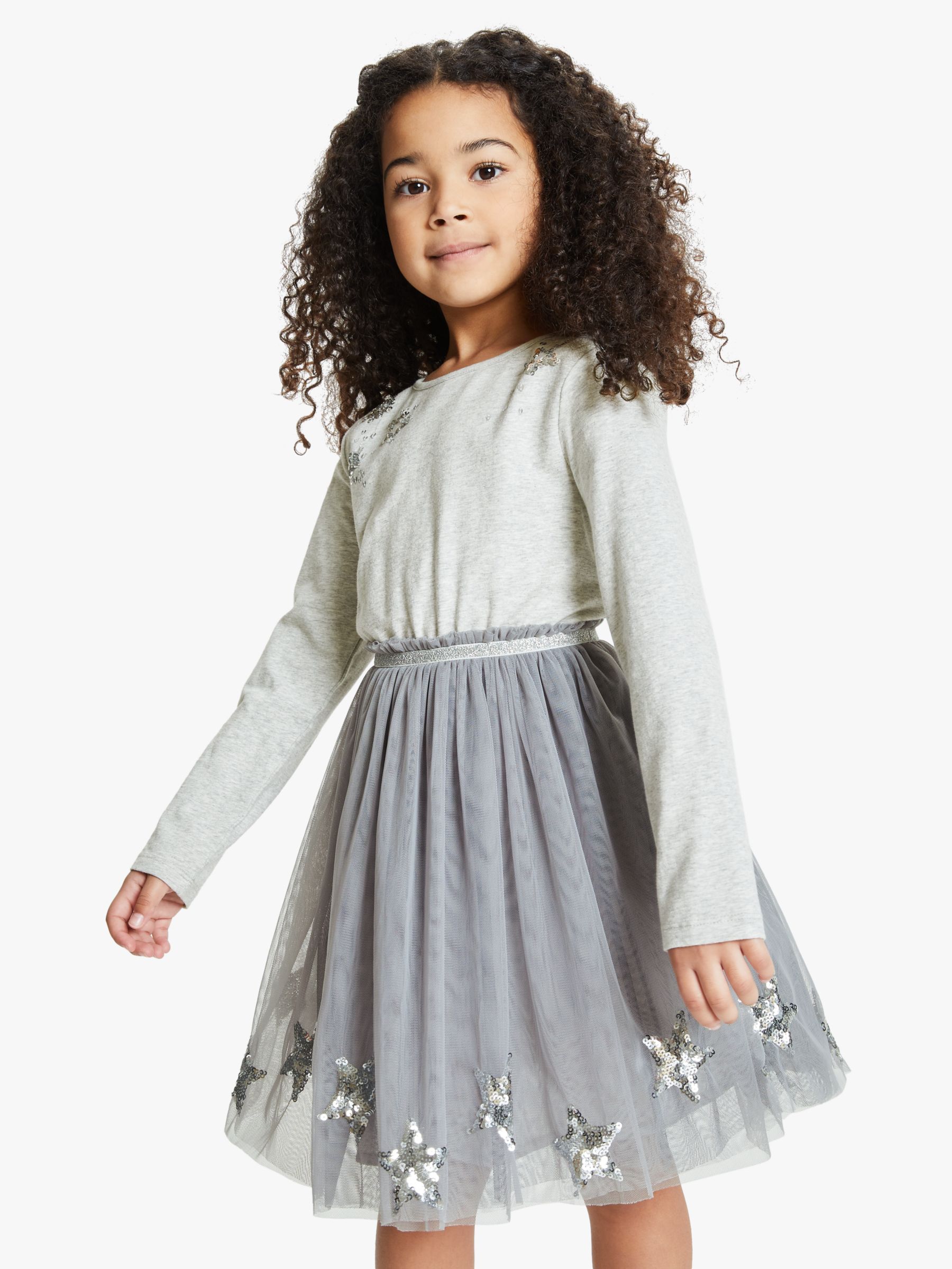 Image of John Lewis and Partners Girls Sequin Star Tulle Dress Grey