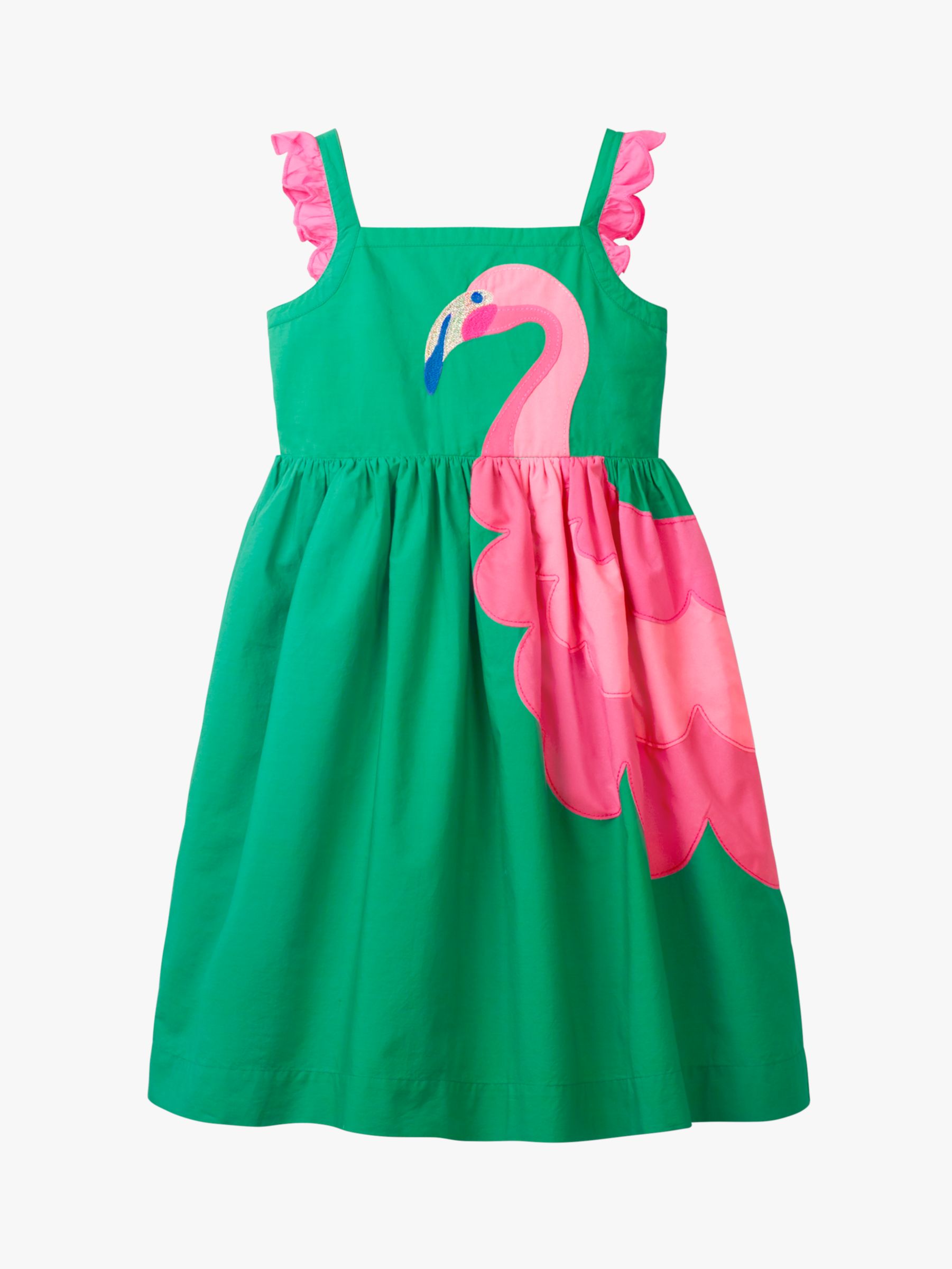 Image of Mini Boden Girls Flamingo Embellished Frill Sleeve Dress Emerald Green