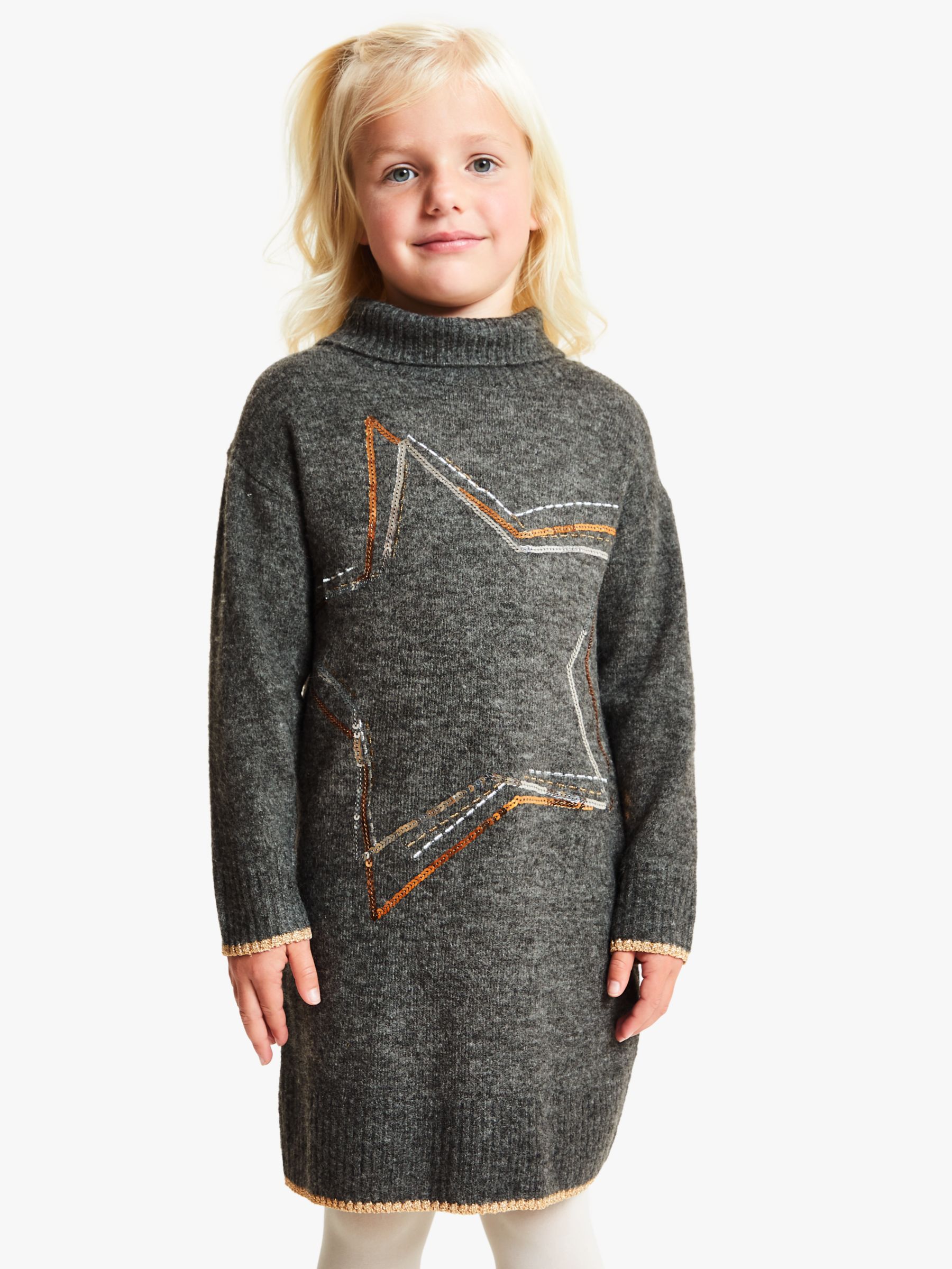 Image of John Lewis and Partners Girls Sequin Star Knit Dress Grey