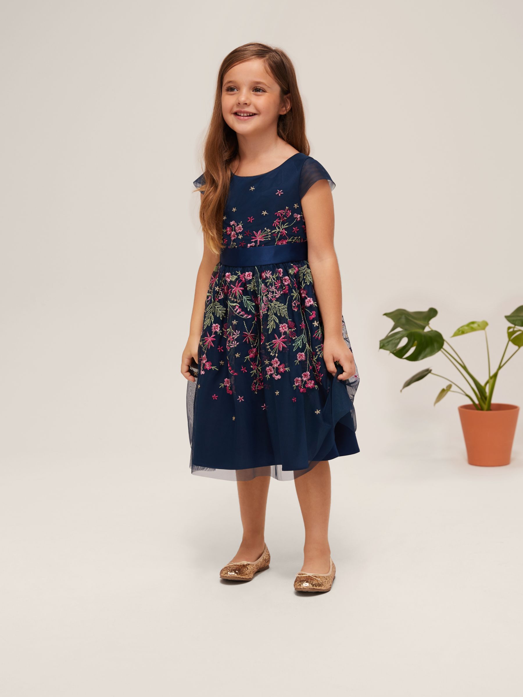Image of John Lewis and Partners Heirloom Collection Girls Floral Embroidered Dress Blue