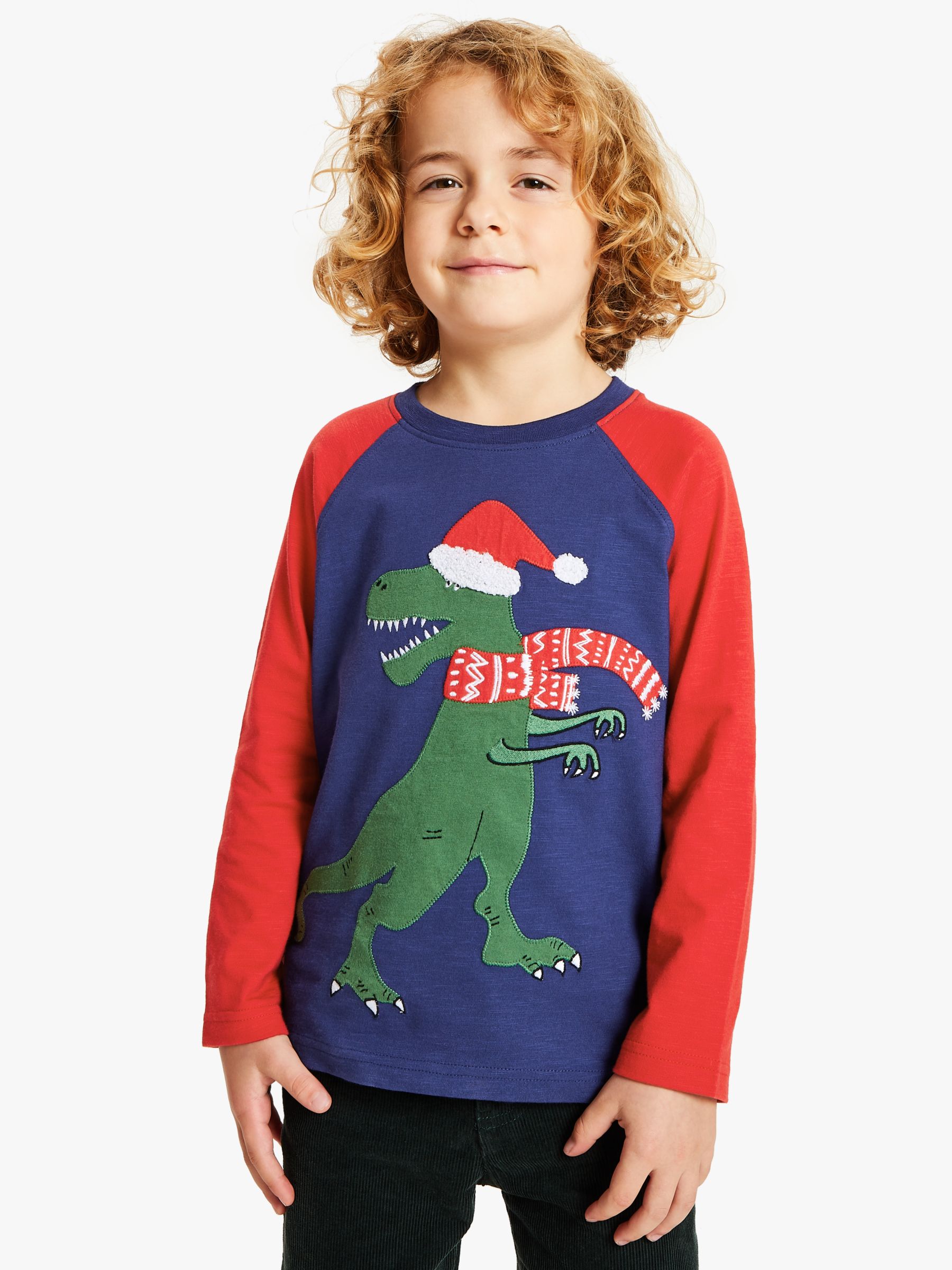 Image of John Lewis and Partners Boys Christmas Dinosaur Jersey Top BlueRed