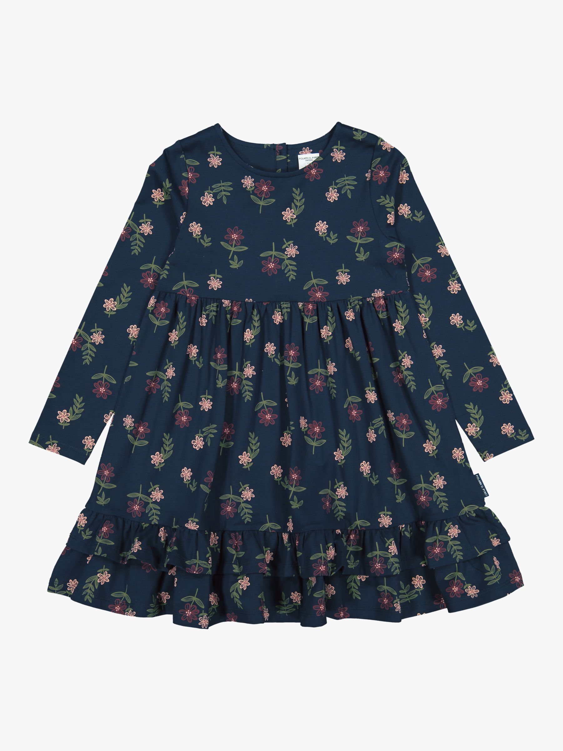 Image of Polarn O Pyret Childrens Organic Cotton Floral Print Dress Dark Bue