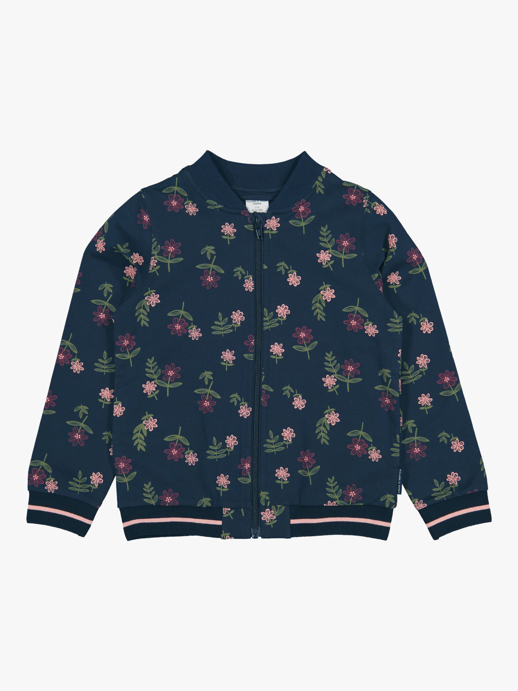 Image of Polarn O Pyret Childrens GOTS Organic Cotton Floral Zip Up Bomber Jacket Blue