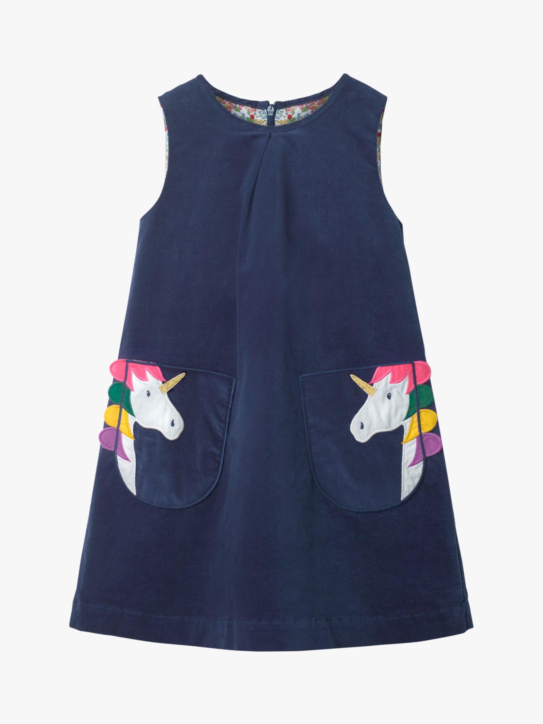 Image of Mini Boden Girls Applique Unicorn Pinafore Dress College Blue