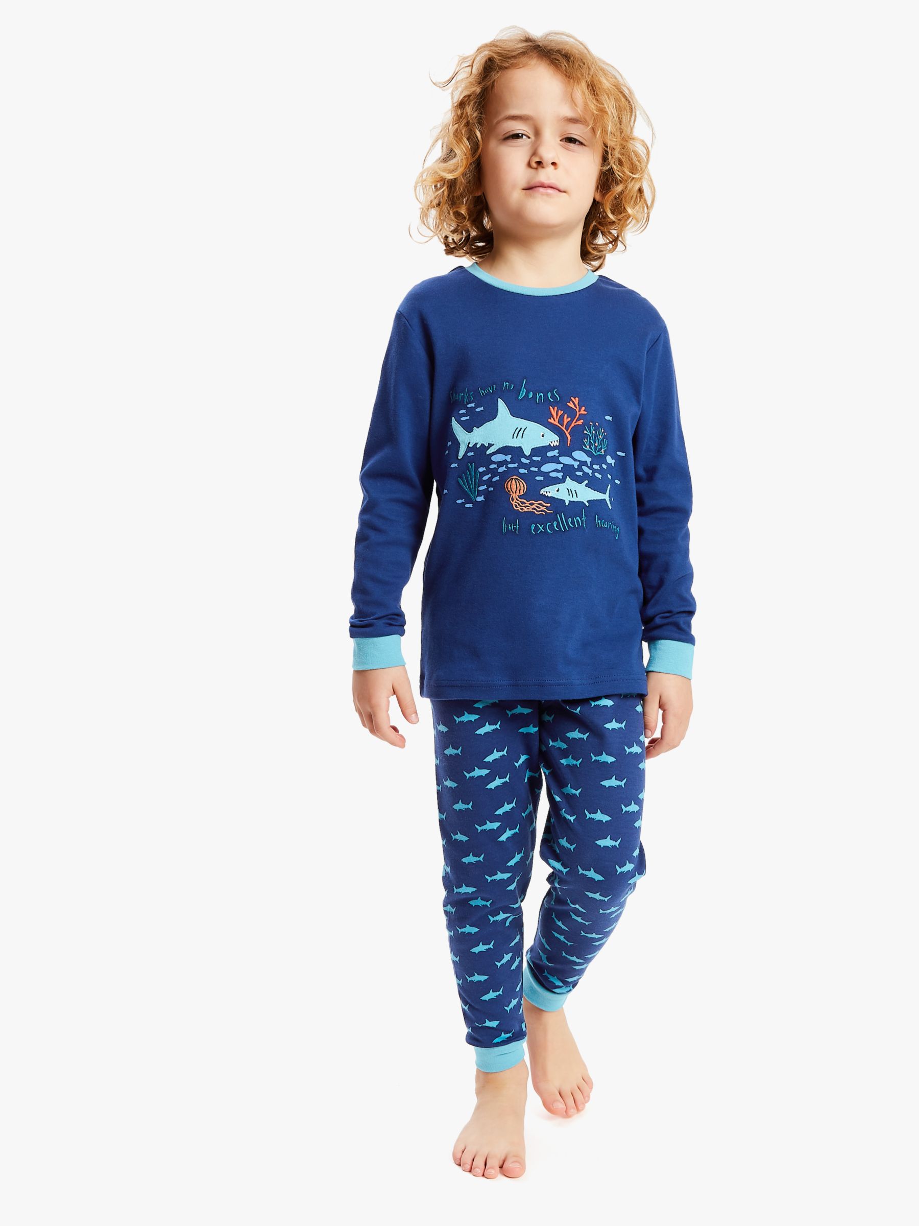Image of John Lewis and Partners Boys Shark BCI Cotton Pyjamas Set of 2 Blue