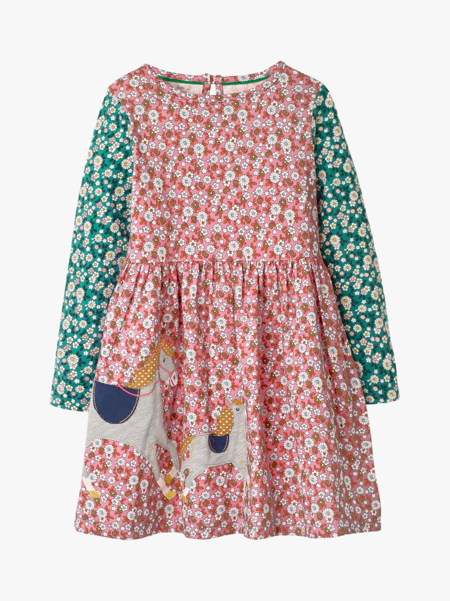 Image of Mini Boden Girls Horse Appliqu Floral Hotchpotch Dress Red Vintage