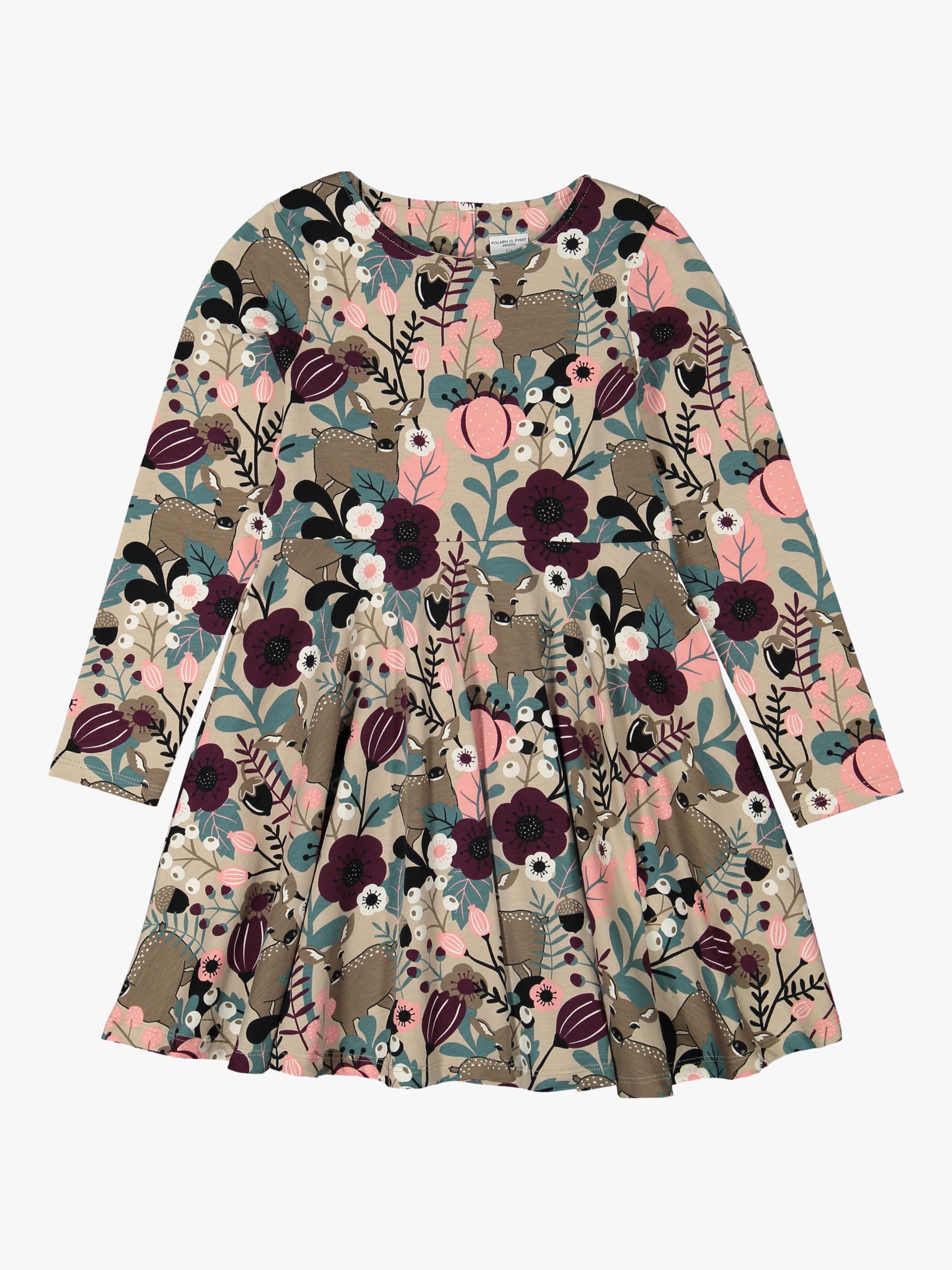 Image of Polarn O Pyret Childrens GOTS Organic Cotton Nordic Nature Print Dress Simply Taupe