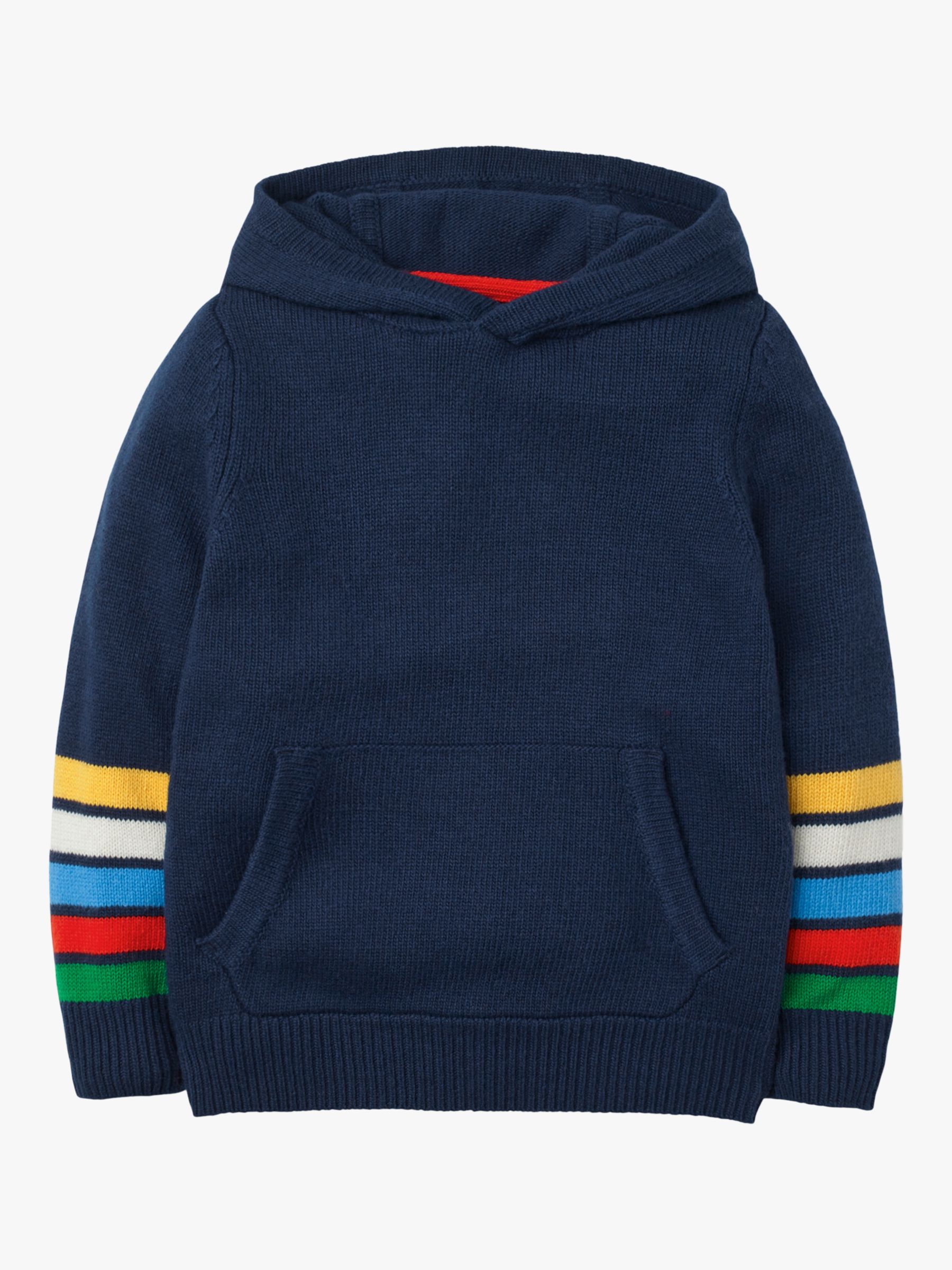 Image of Mini Boden Boys Knitted Stripe Hoodie College Navy Rainbow