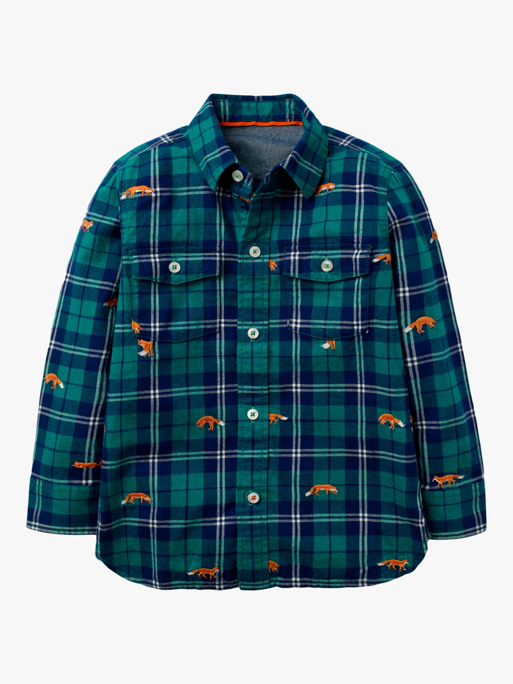 Image of Mini Boden Boys Fox Embroidered Check Shirt Forest Green