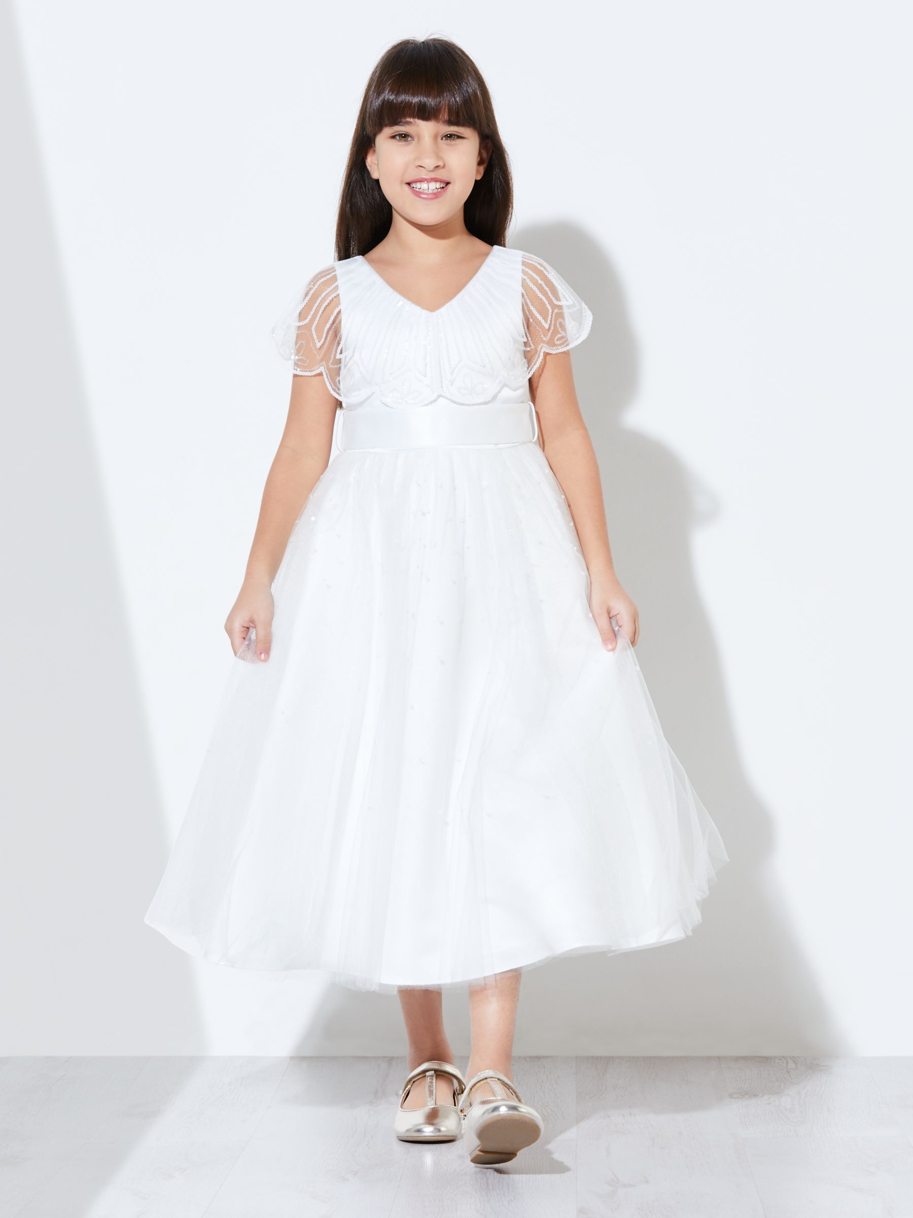 Image of John Lewis and Partners Girls Sequin Scallop Bodice Dress Ivory