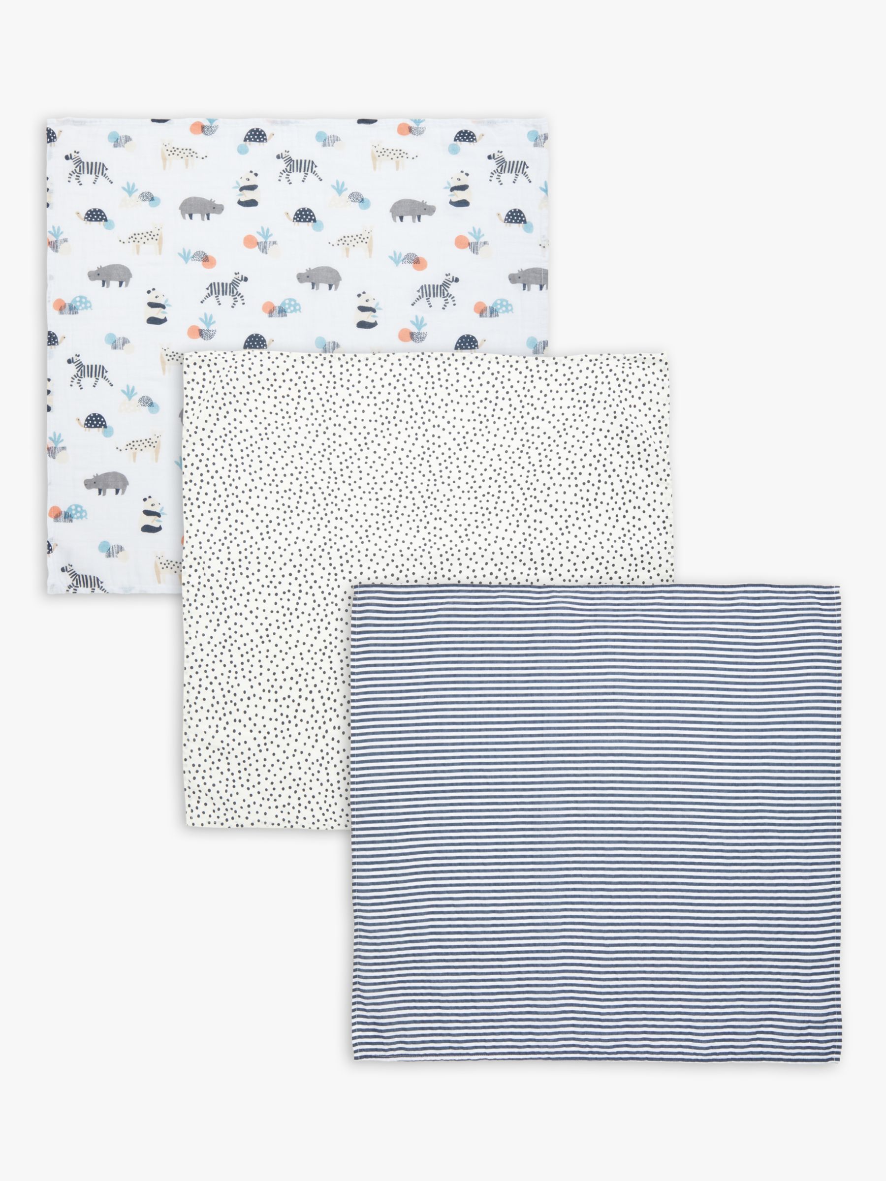 Image of John Lewis and Partners Baby Jungle Muslin Cloths Pack of 3 Multi