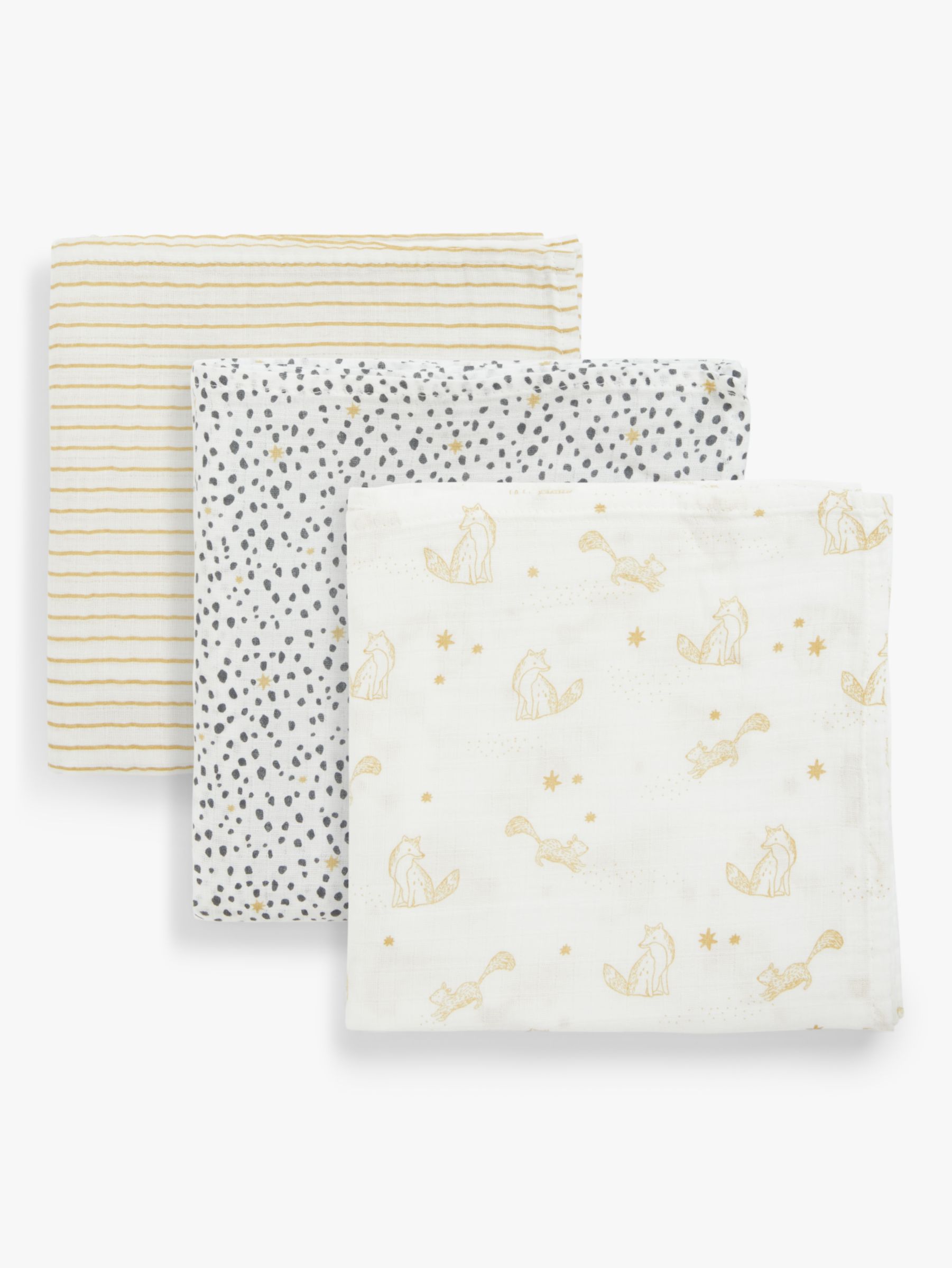 Image of John Lewis and Partners Large Baby Woodland Muslin Cloths Pack of 3 Multi